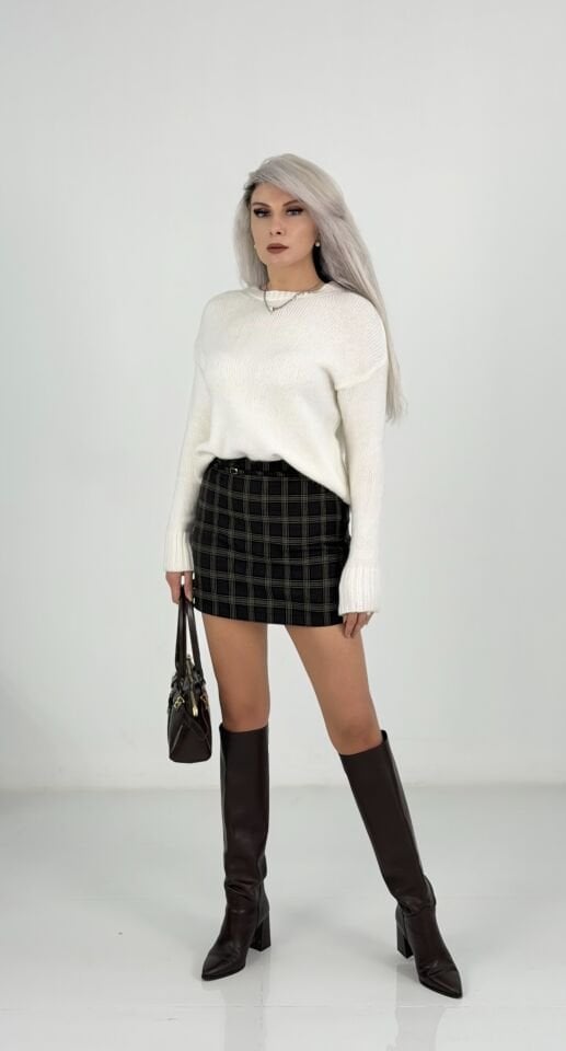 Krem Bisiklet Yaka Triko Kazak