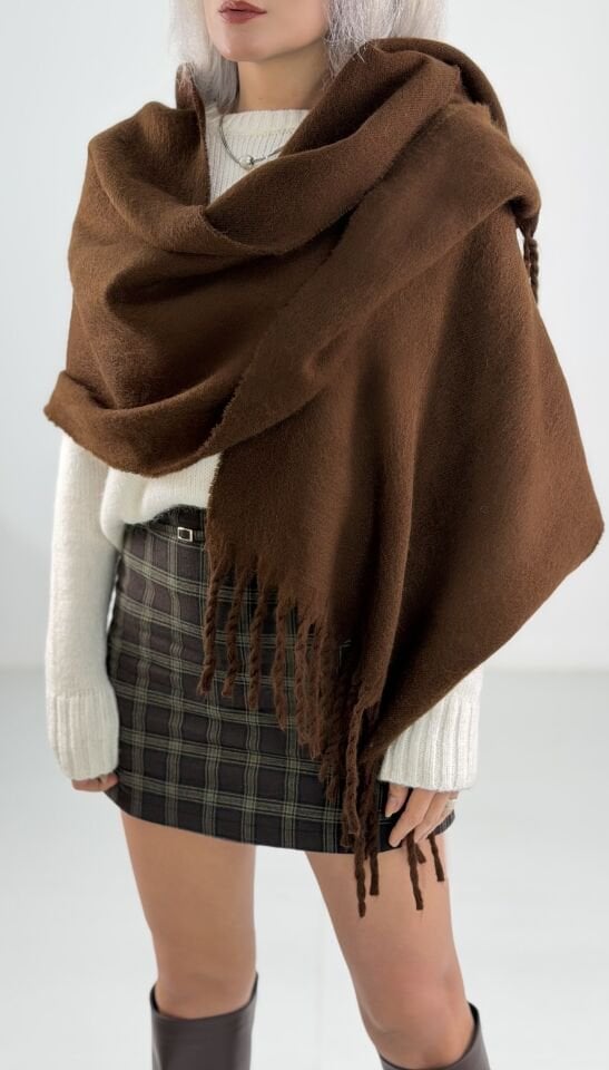 Kahve Püsküllü Kalın Dokulu Kışlık Yumoş Şal