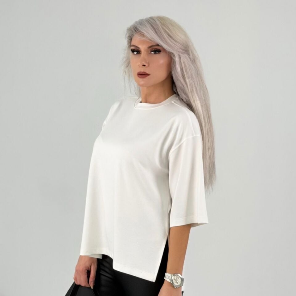 Beyaz Oversize Basic Kısa Kollu T-Shirt