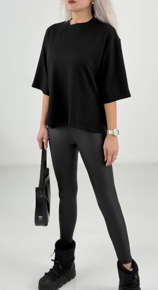 Siyah Oversize Basic Kısa Kollu T-Shirt