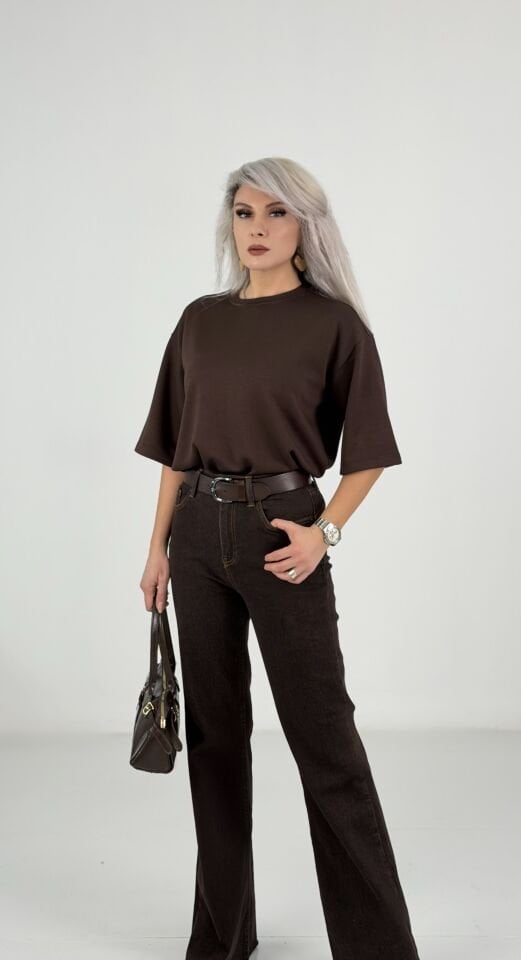 Kahve Oversize Basic Kısa Kollu T-Shirt