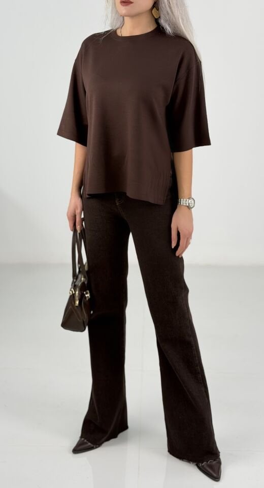 Kahve Oversize Basic Kısa Kollu T-Shirt