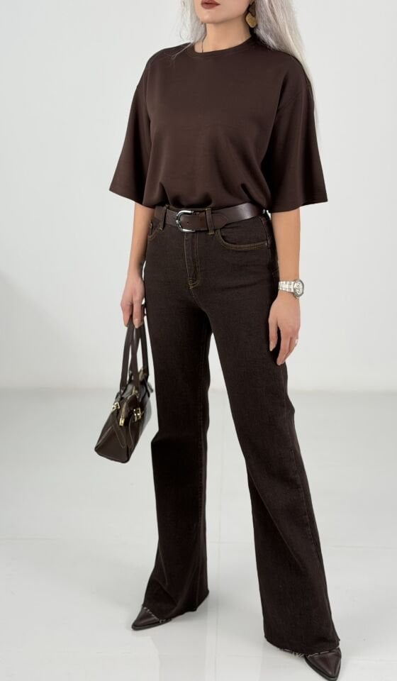 Kahve Oversize Basic Kısa Kollu T-Shirt