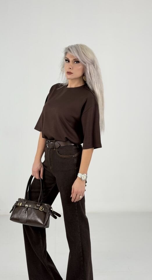 Kahve Oversize Basic Kısa Kollu T-Shirt