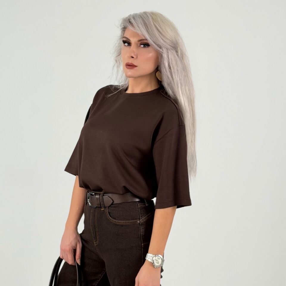 Kahve Oversize Basic Kısa Kollu T-Shirt