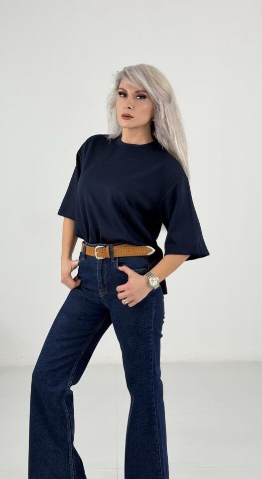 Lacivert Oversize Basic Kısa Kollu T-Shirt