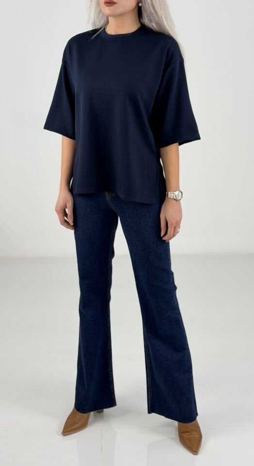Lacivert Oversize Basic Kısa Kollu T-Shirt