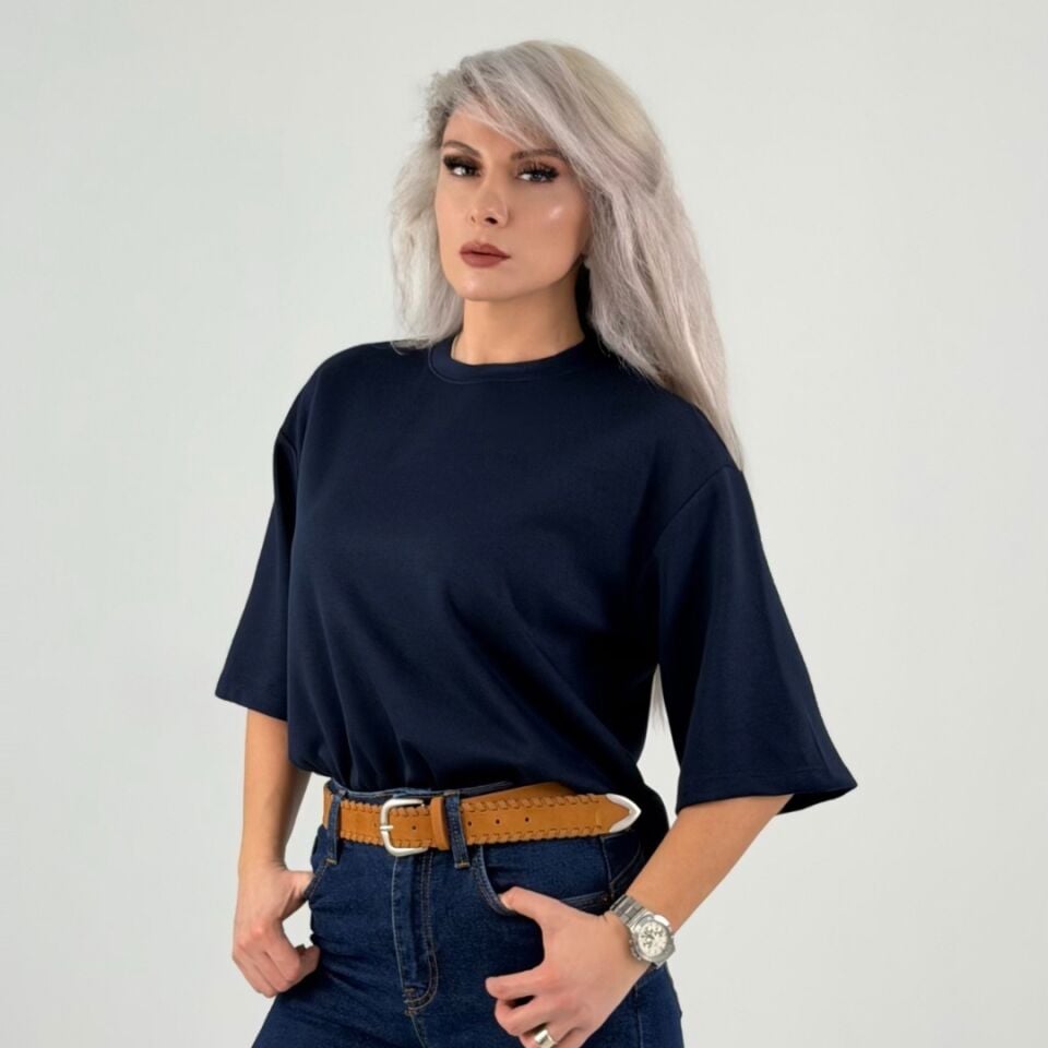 Lacivert Oversize Basic Kısa Kollu T-Shirt