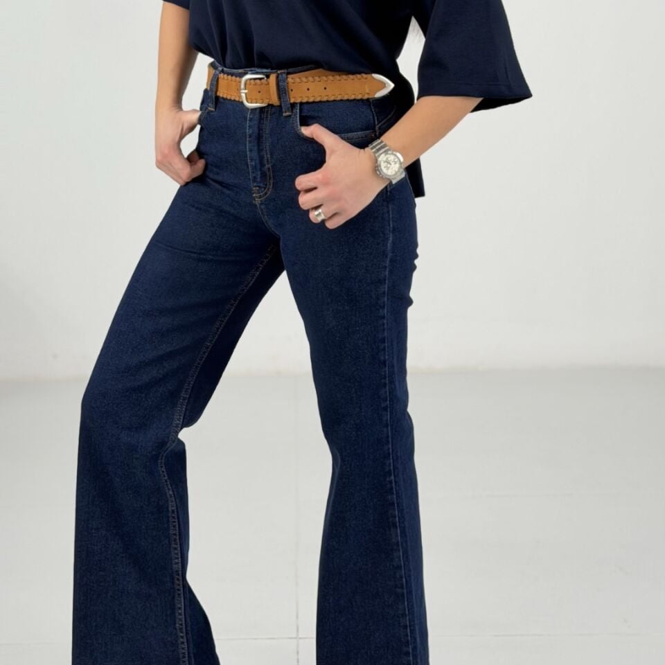 Lacivert Yüksek Bel İspanyol Paça Jean Pantolon