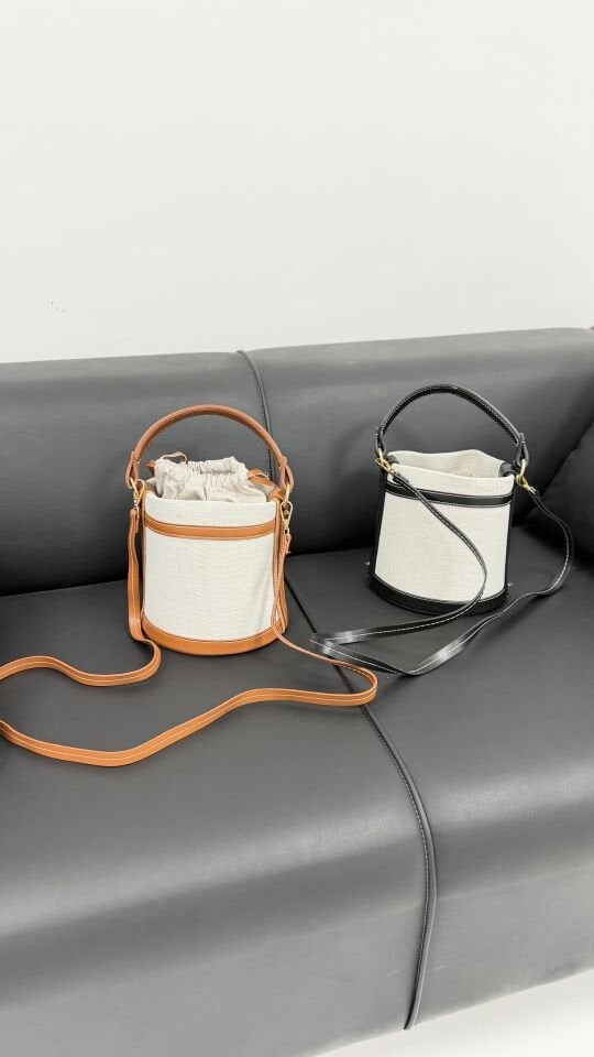 Camel Detaylı Kadın Hasır Görünümlü Büzgülü Bucket Çanta – Ayarlanabilir Askılı