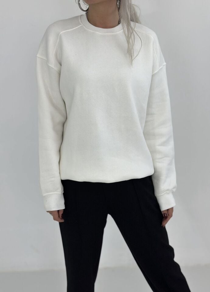 Beyaz Şardonlu Rahat Kalıp Sweatshirt