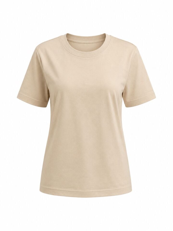 Bej Pamuklu Bisiklet Yaka Tshirt
