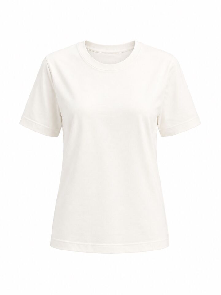 Ekru Pamuklu Bisiklet Yaka Tshirt