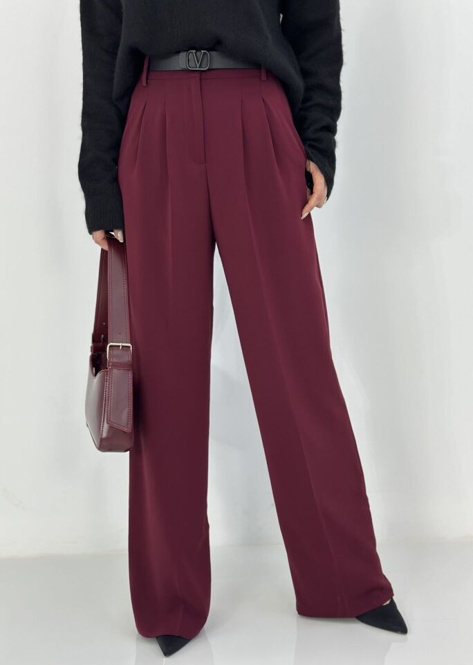 Bordo Bel Lastikli Bol Paça Pantolon