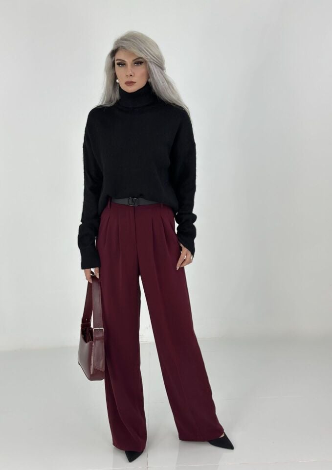 Bordo Bel Lastikli Bol Paça Pantolon