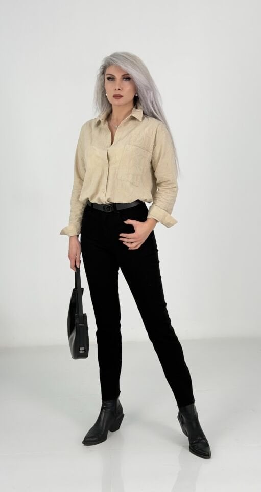 Bej Jakarlı Desenli Tek Cep Kadın Gömlek