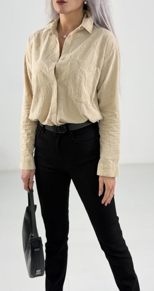 Bej Jakarlı Desenli Tek Cep Kadın Gömlek