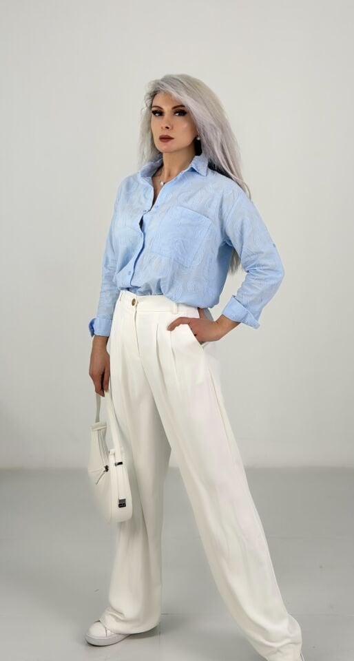 Mavi Jakarlı Desenli Tek Cep Kadın Gömlek