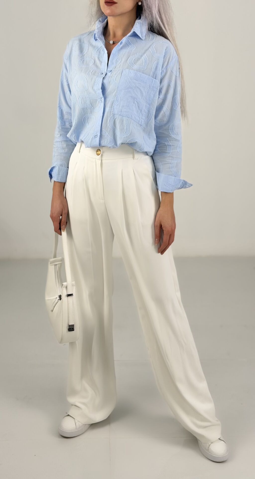 Beyaz Yüksek Bel Bol Paça Kadın Pantolon