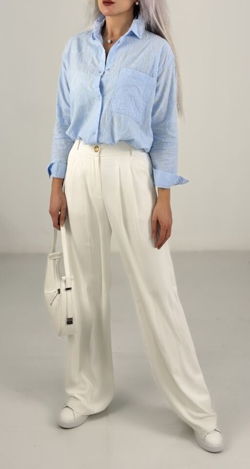 Beyaz Yüksek Bel Bol Paça Kadın Pantolon